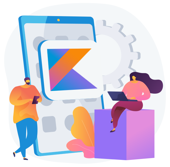 Two developers engaged in Kotlin app development surrounded by coding icons